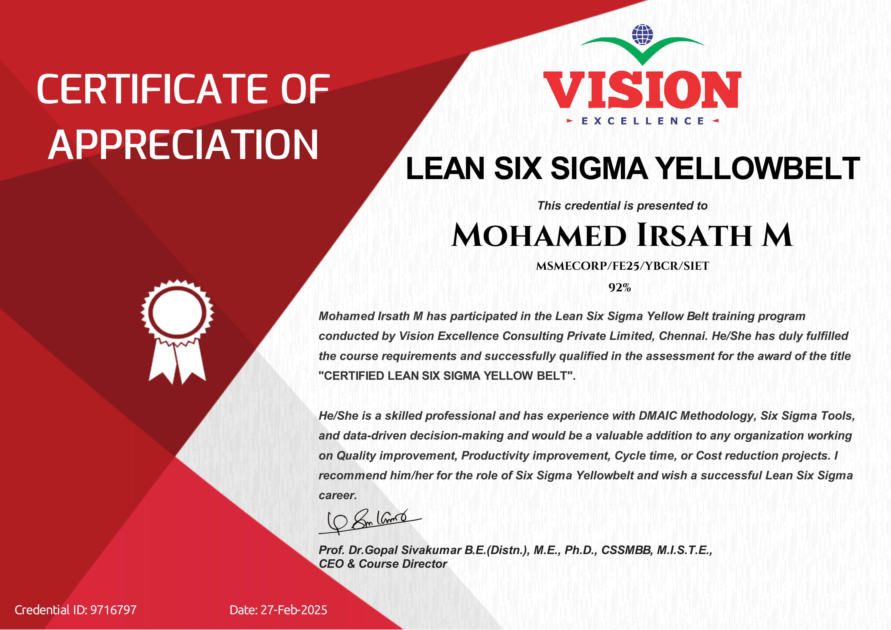 LEAN SIX SIGMA YELLOWBELT - Mohamed Irsath M
